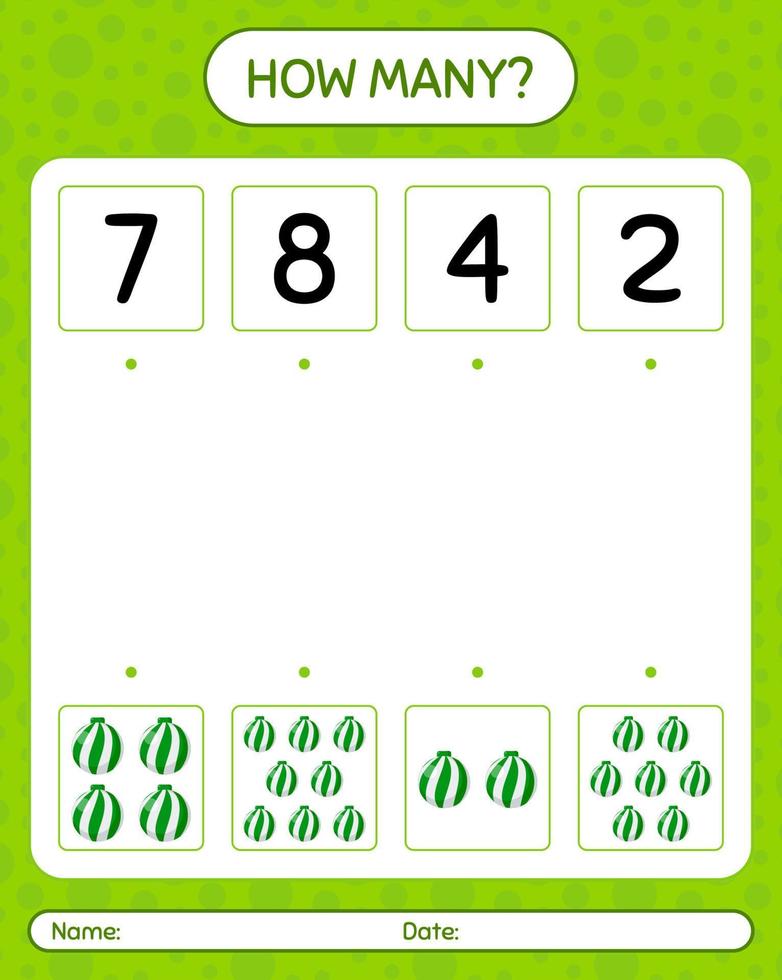 How many counting game with christmas ornament. worksheet for preschool kids, kids activity sheet vector