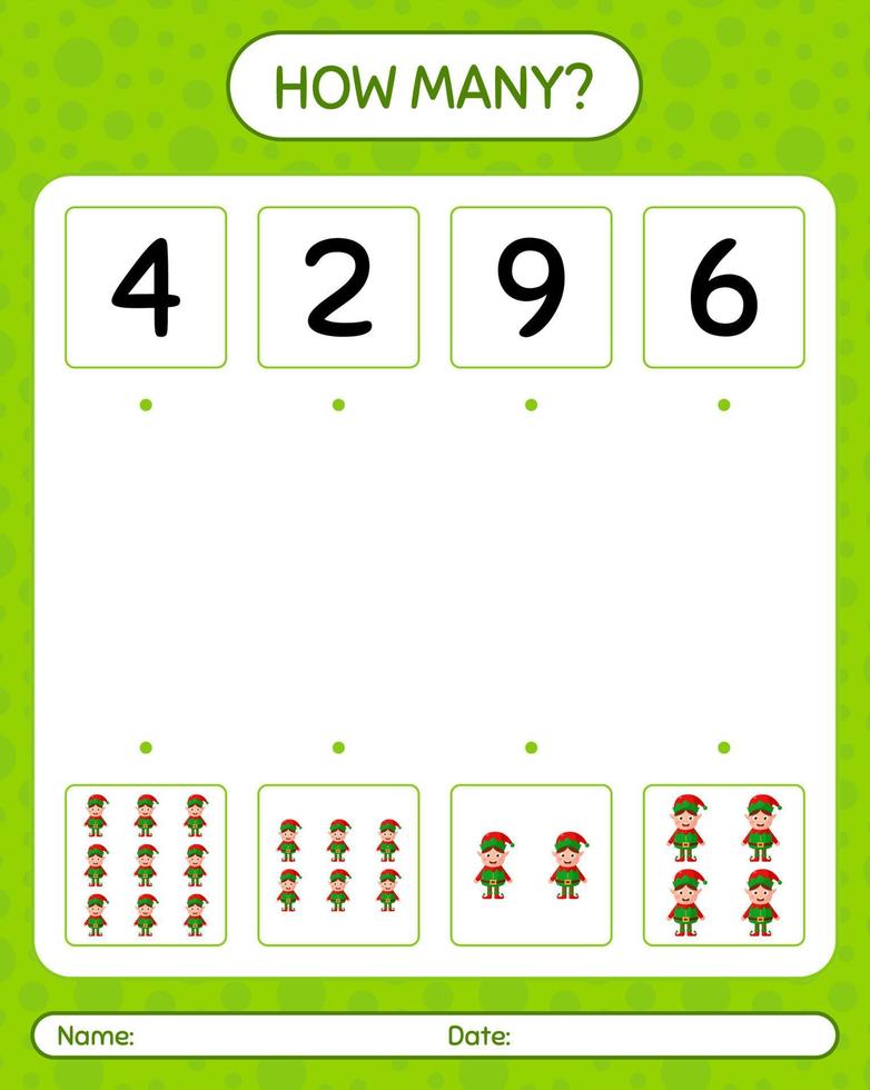 How many counting game with elf. worksheet for preschool kids, kids activity sheet vector