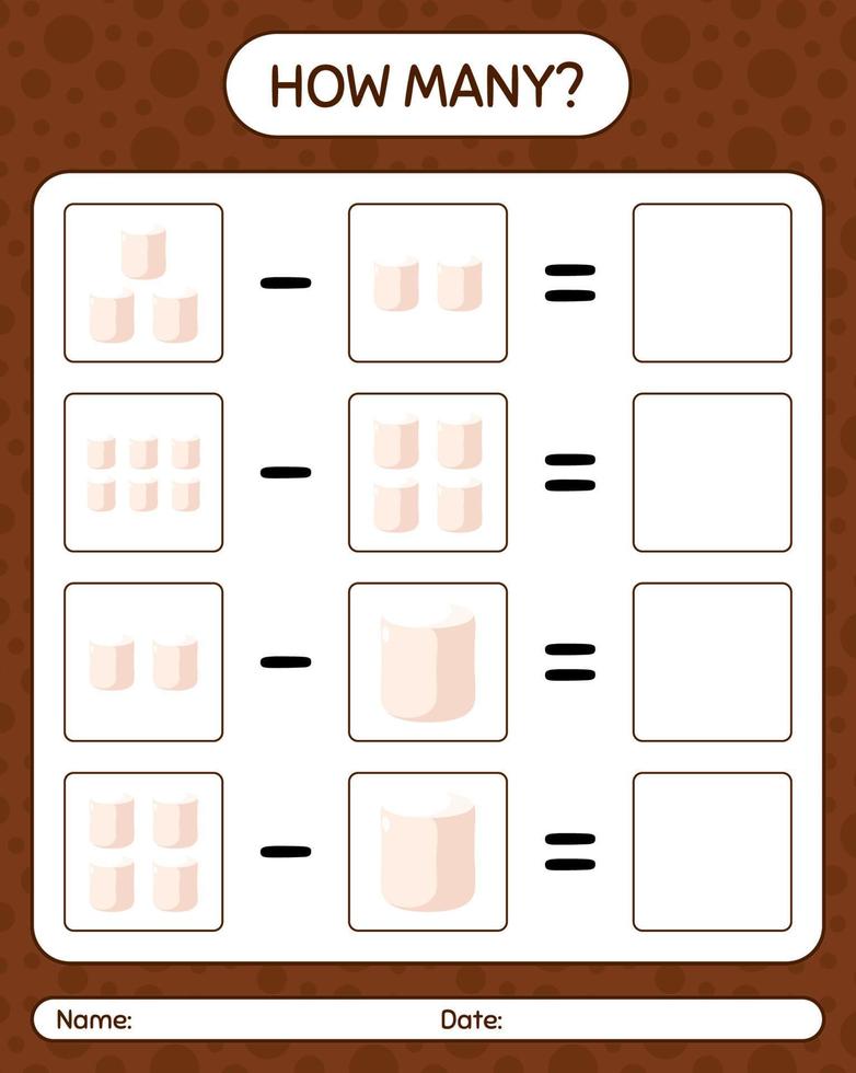 How many counting game with marshmallow. worksheet for preschool kids, kids activity sheet vector