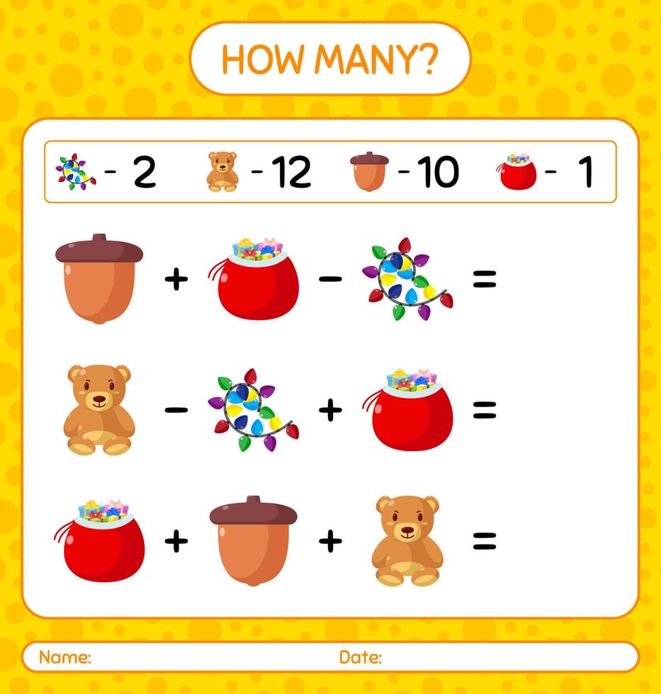 How many counting game with christmas icon. worksheet for preschool kids, kids activity sheet vector