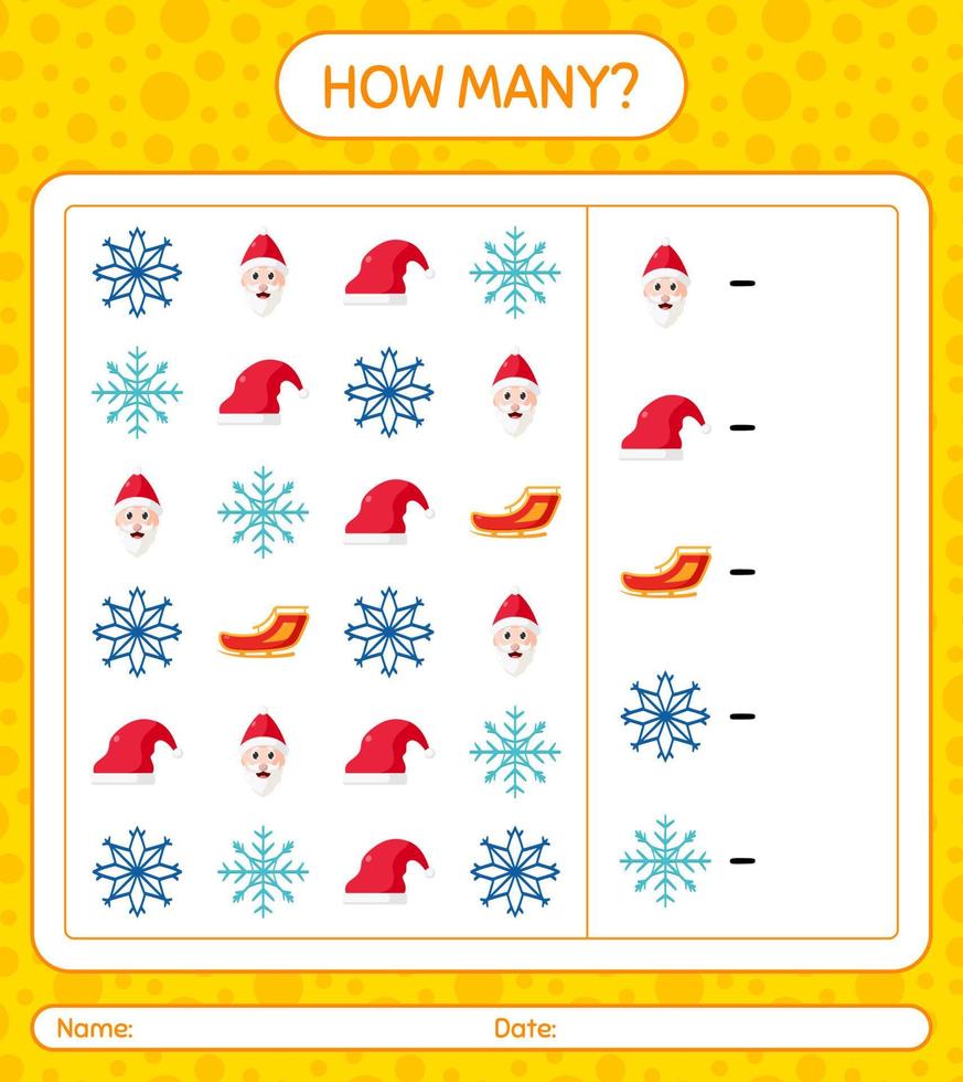 How many counting game with christmas icon. worksheet for preschool kids, kids activity sheet vector