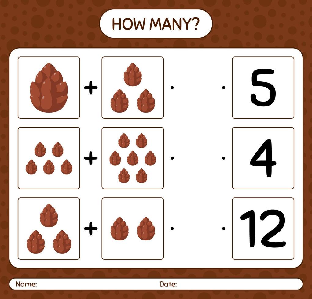 How many counting game with pine cone. worksheet for preschool kids, kids activity sheet vector