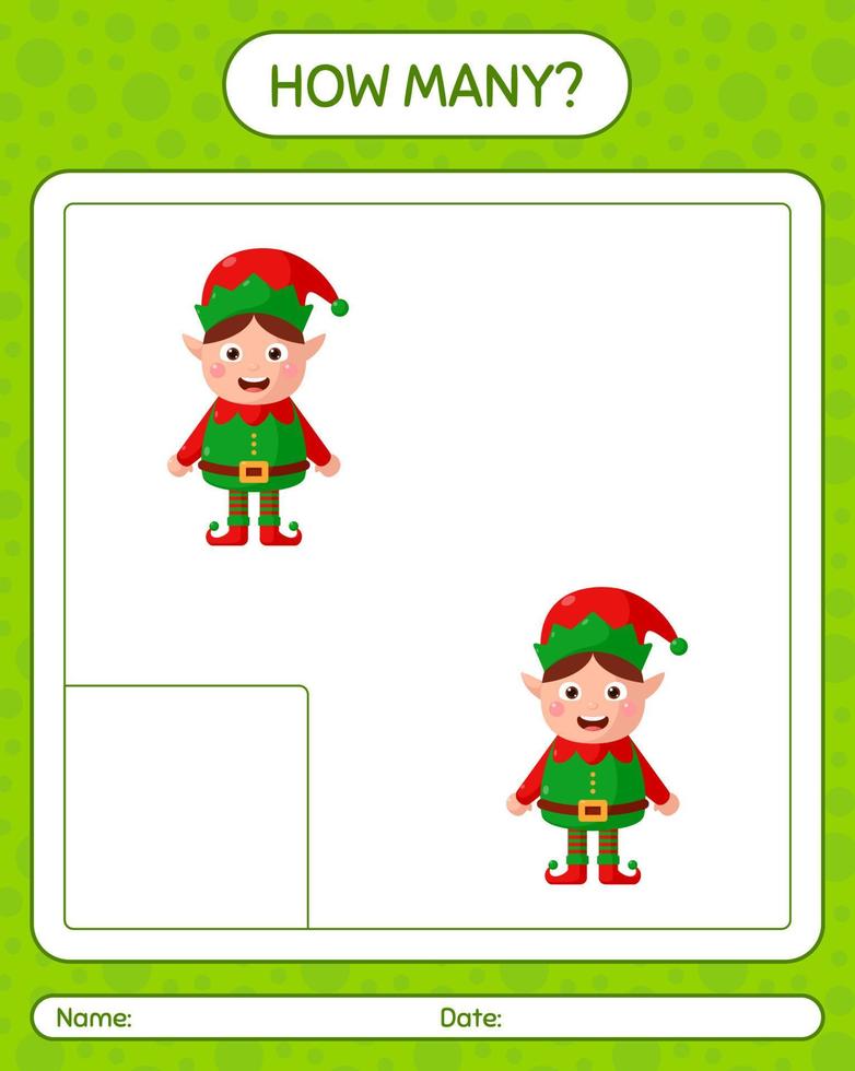 How many counting game with elf. worksheet for preschool kids, kids activity sheet vector