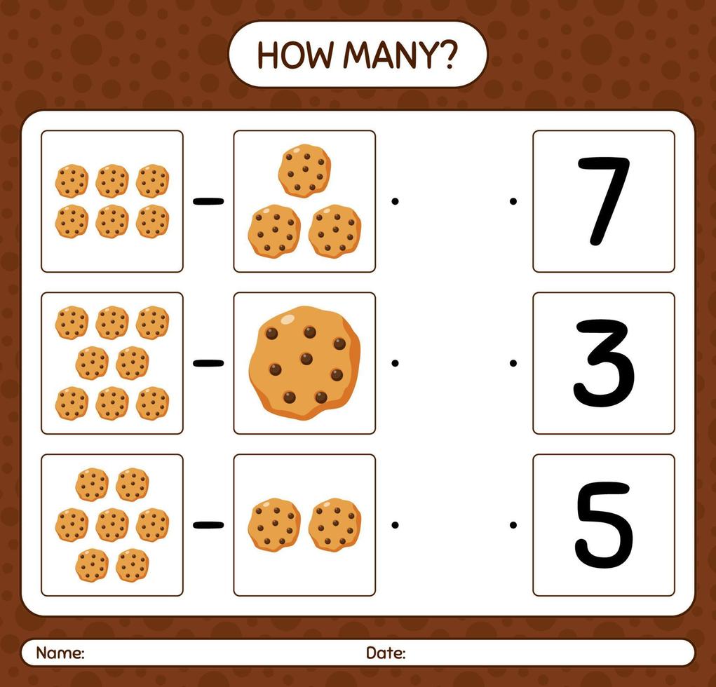 How many counting game with cookie. worksheet for preschool kids, kids activity sheet vector