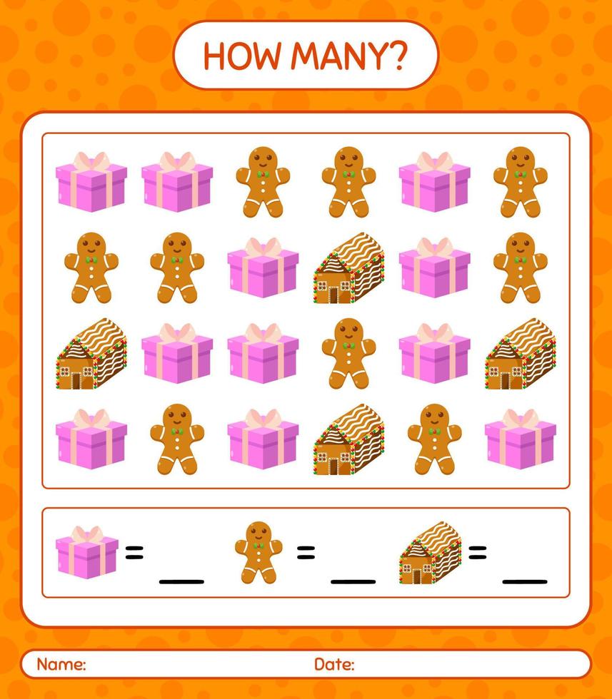 How many counting game with christmas icon. worksheet for preschool kids, kids activity sheet vector