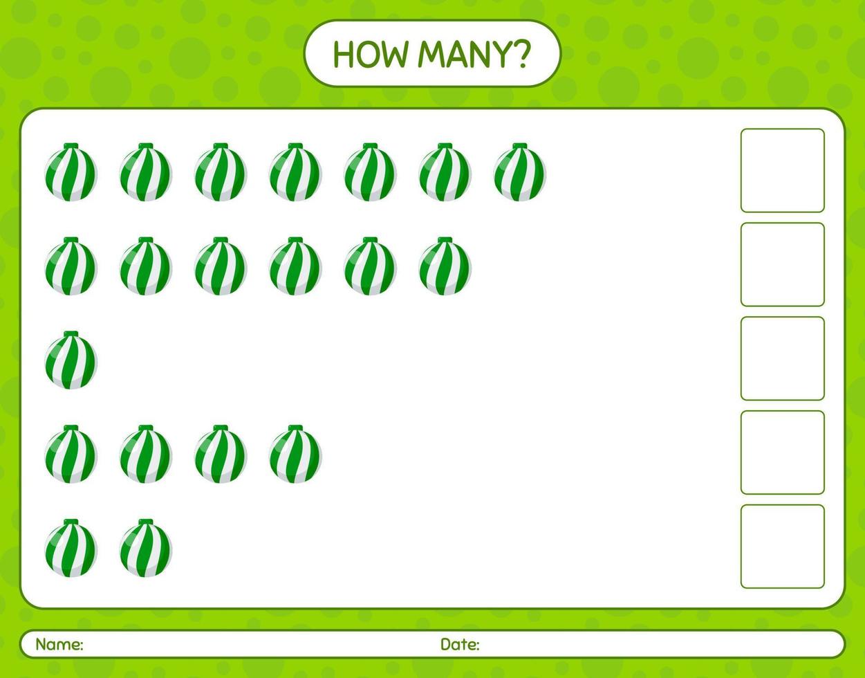 How many counting game with christmas ornament. worksheet for preschool kids, kids activity sheet vector