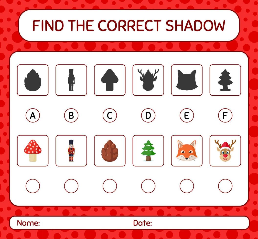 Find the correct shadows game with christmas icon. worksheet for preschool kids, kids activity sheet vector
