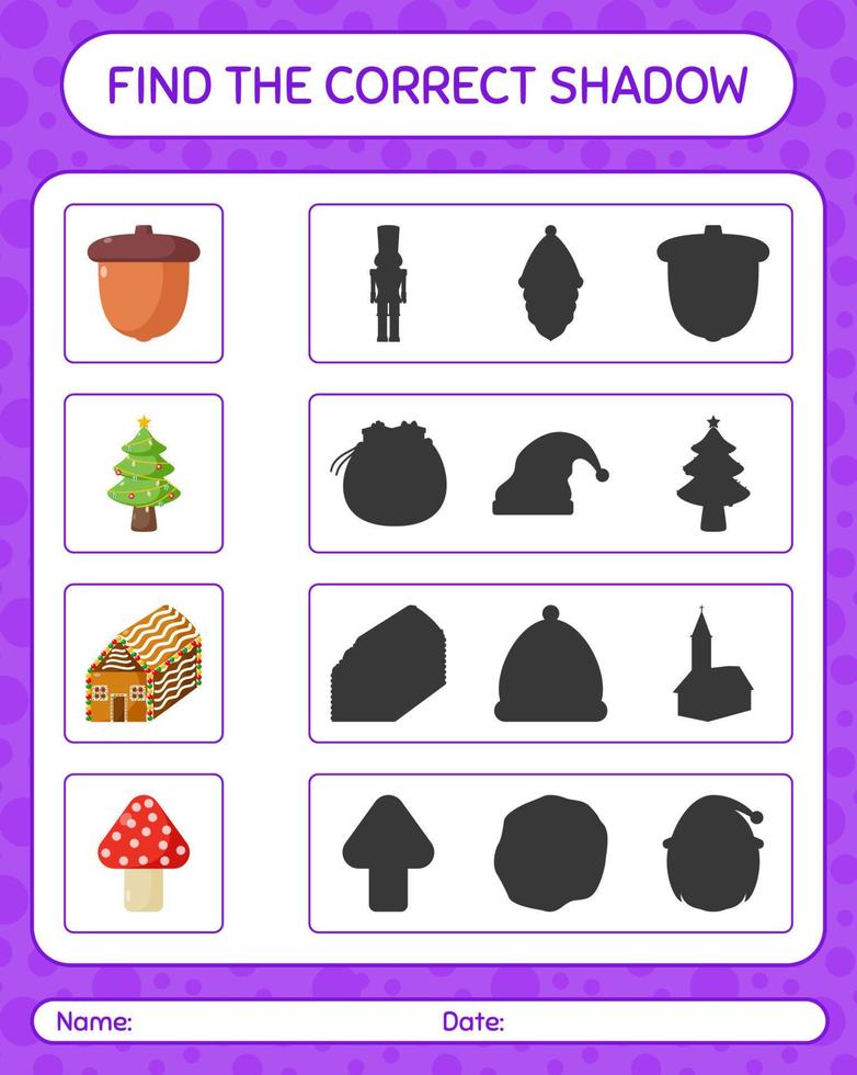 Find the correct shadows game with christmas icon. worksheet for preschool kids, kids activity sheet vector