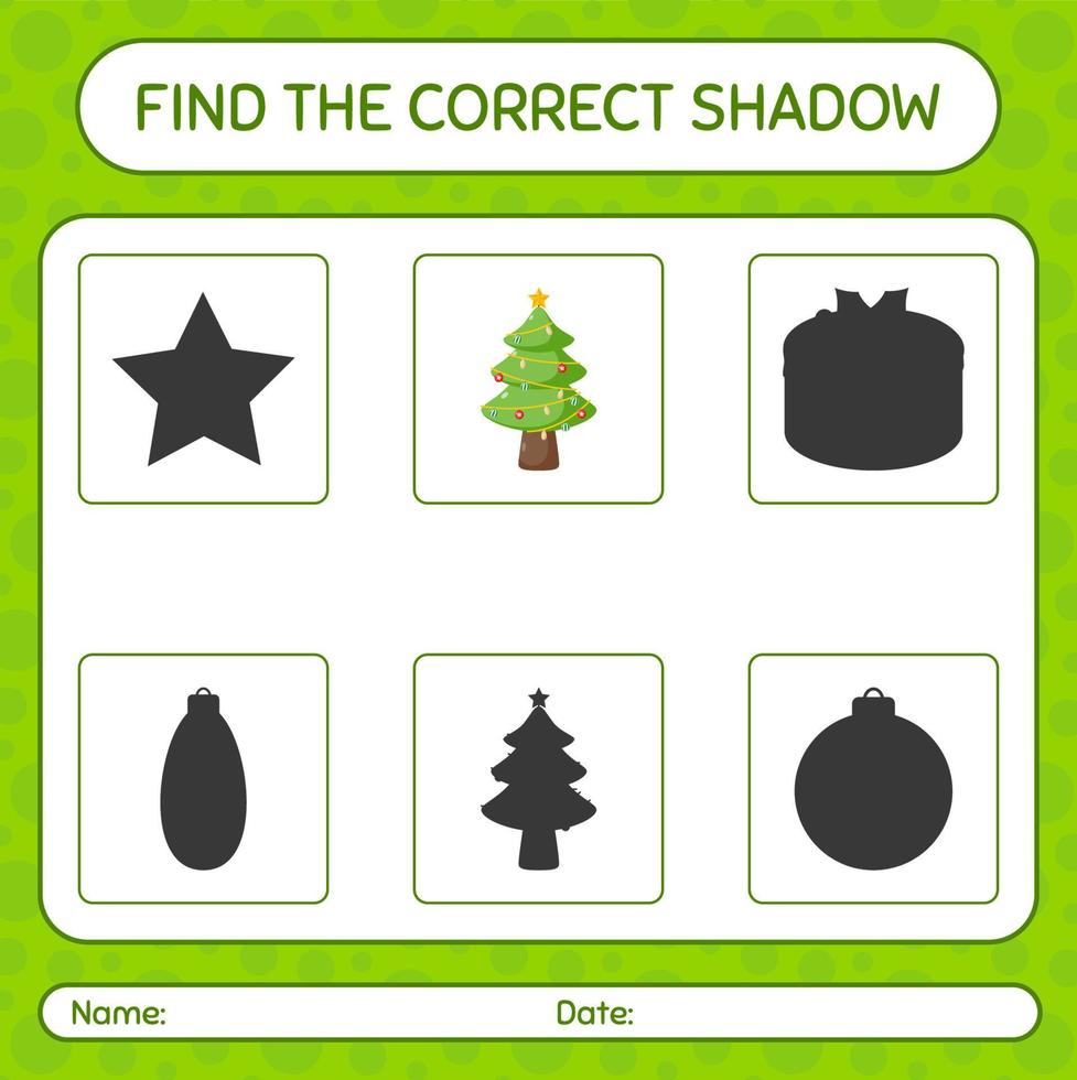 Find the correct shadows game with christmas tree. worksheet for preschool kids, kids activity sheet vector