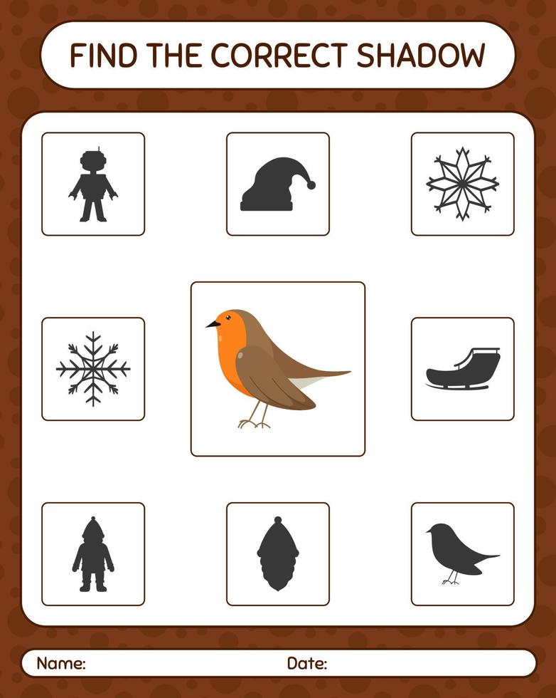 Find the correct shadows game with robin bird. worksheet for preschool kids, kids activity sheet vector