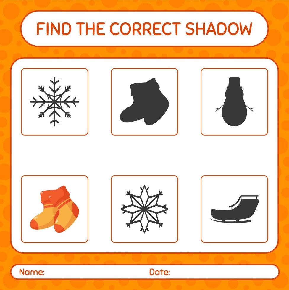 Find the correct shadows game with sock. worksheet for preschool kids, kids activity sheet vector