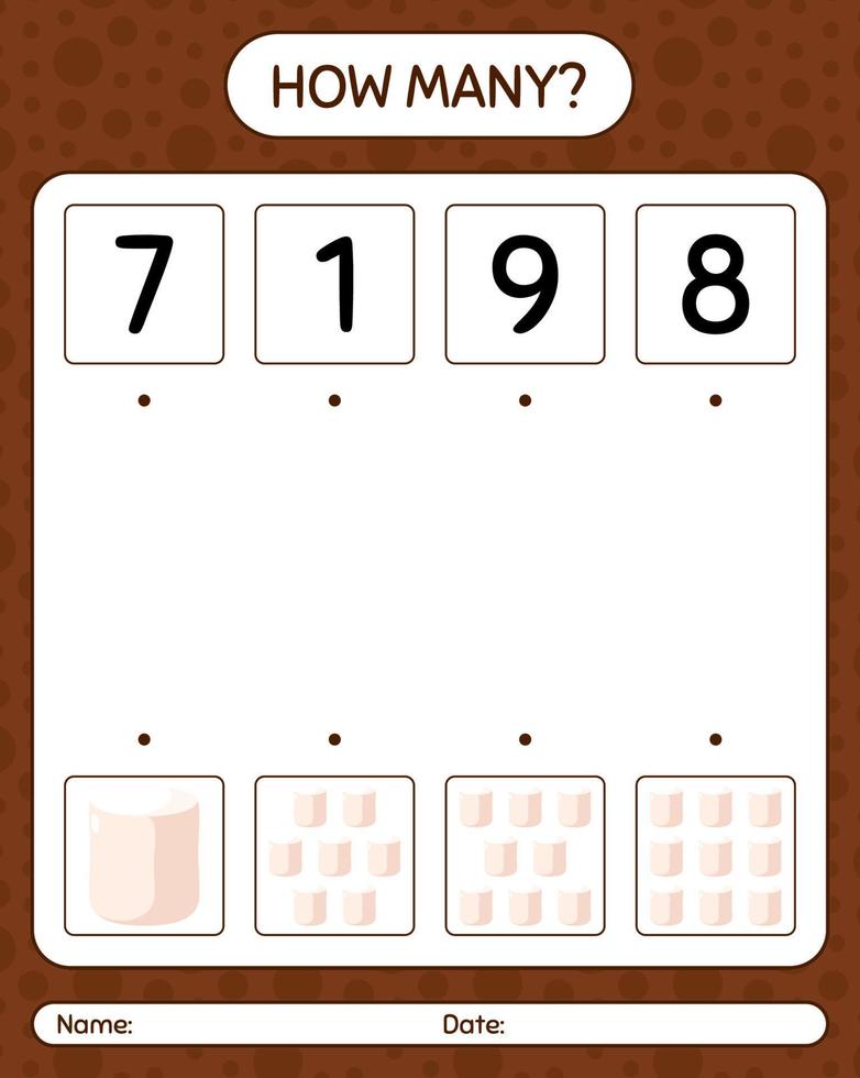 How many counting game with marshmallow. worksheet for preschool kids, kids activity sheet vector