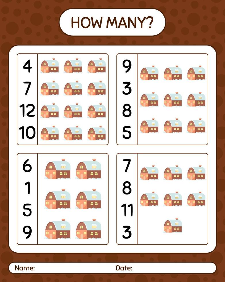 How many counting game with house. worksheet for preschool kids, kids activity sheet vector