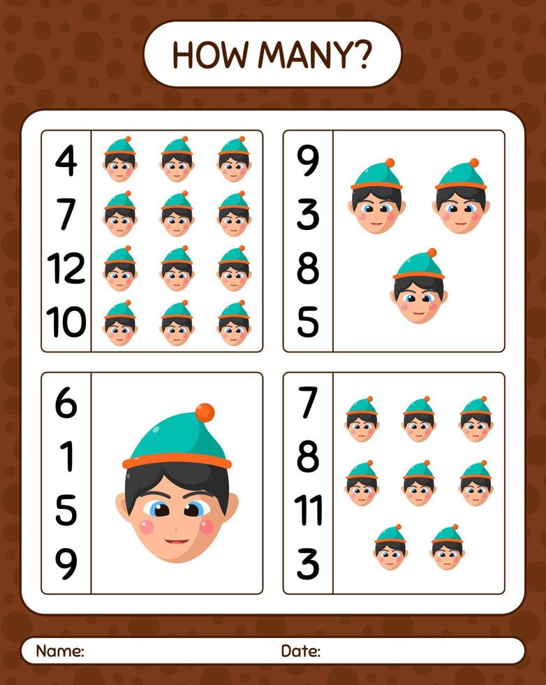 How many counting game with boys. worksheet for preschool kids, kids activity sheet vector