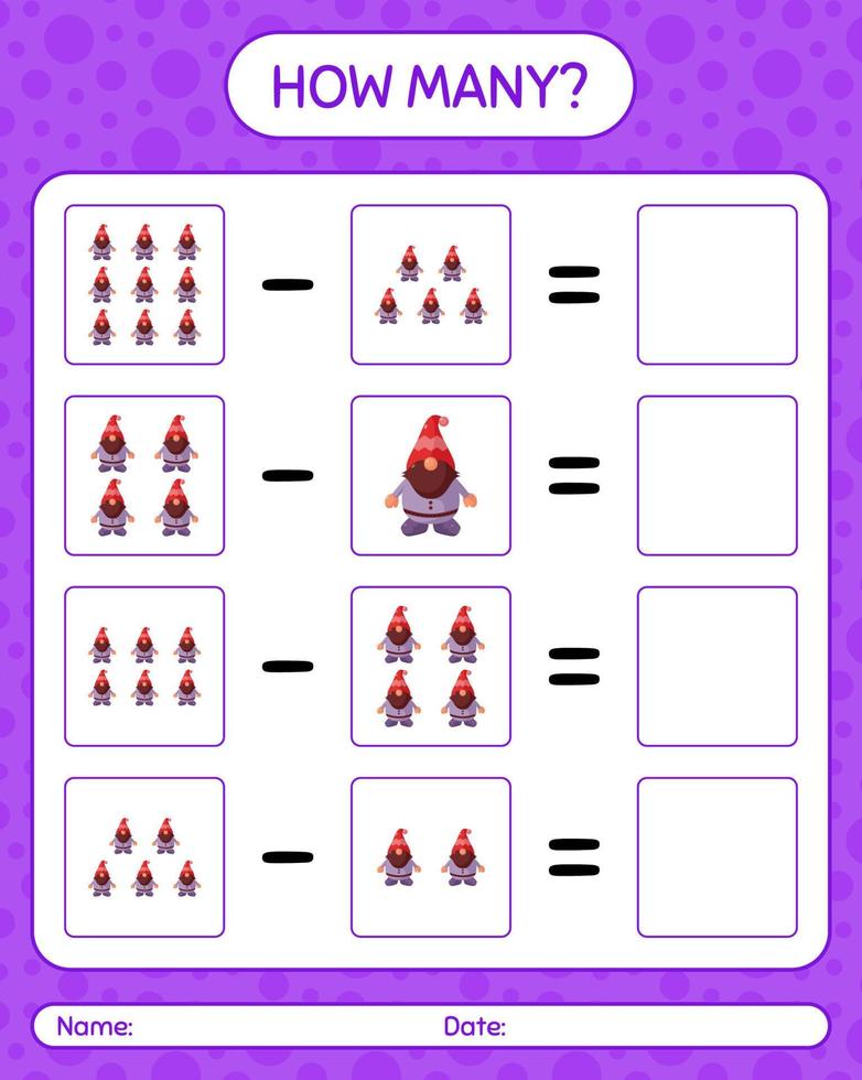 How many counting game with gnome. worksheet for preschool kids, kids activity sheet vector