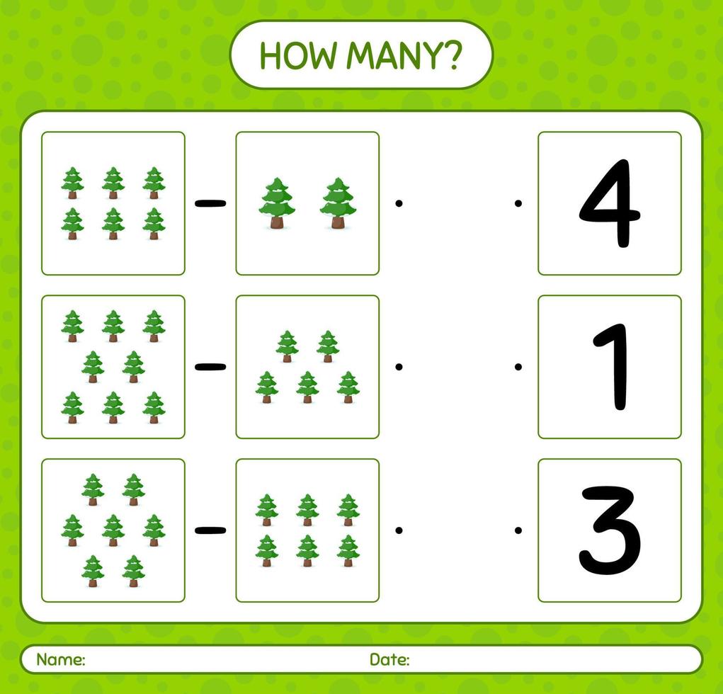 How many counting game with pine tree. worksheet for preschool kids, kids activity sheet vector