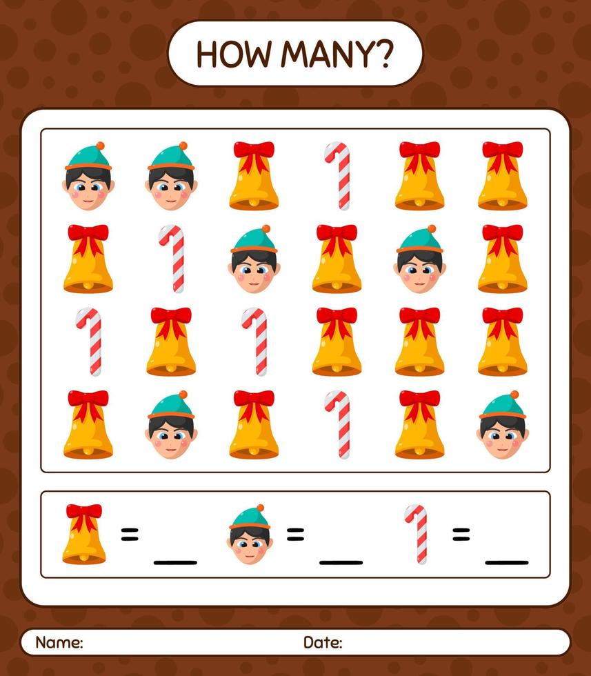 How many counting game with christmas icon. worksheet for preschool kids, kids activity sheet vector