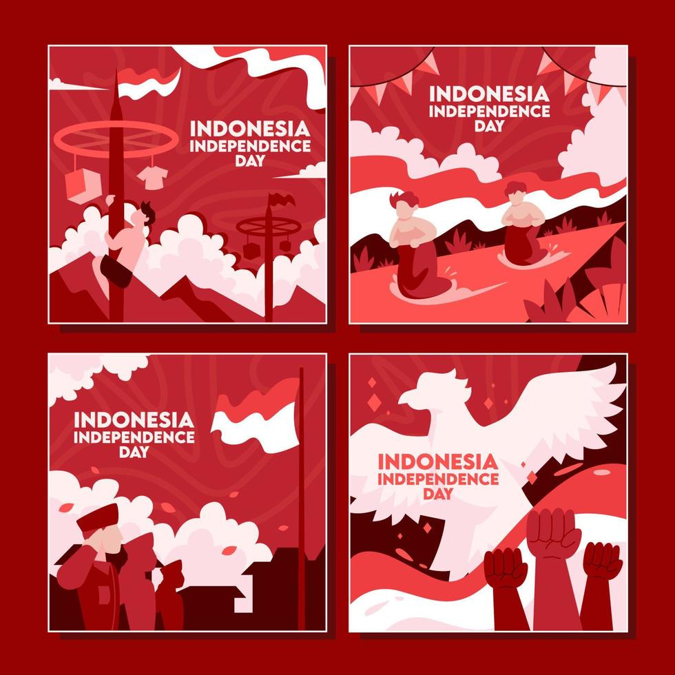 Set of Indonesia Independence Day Social Media Posts vector