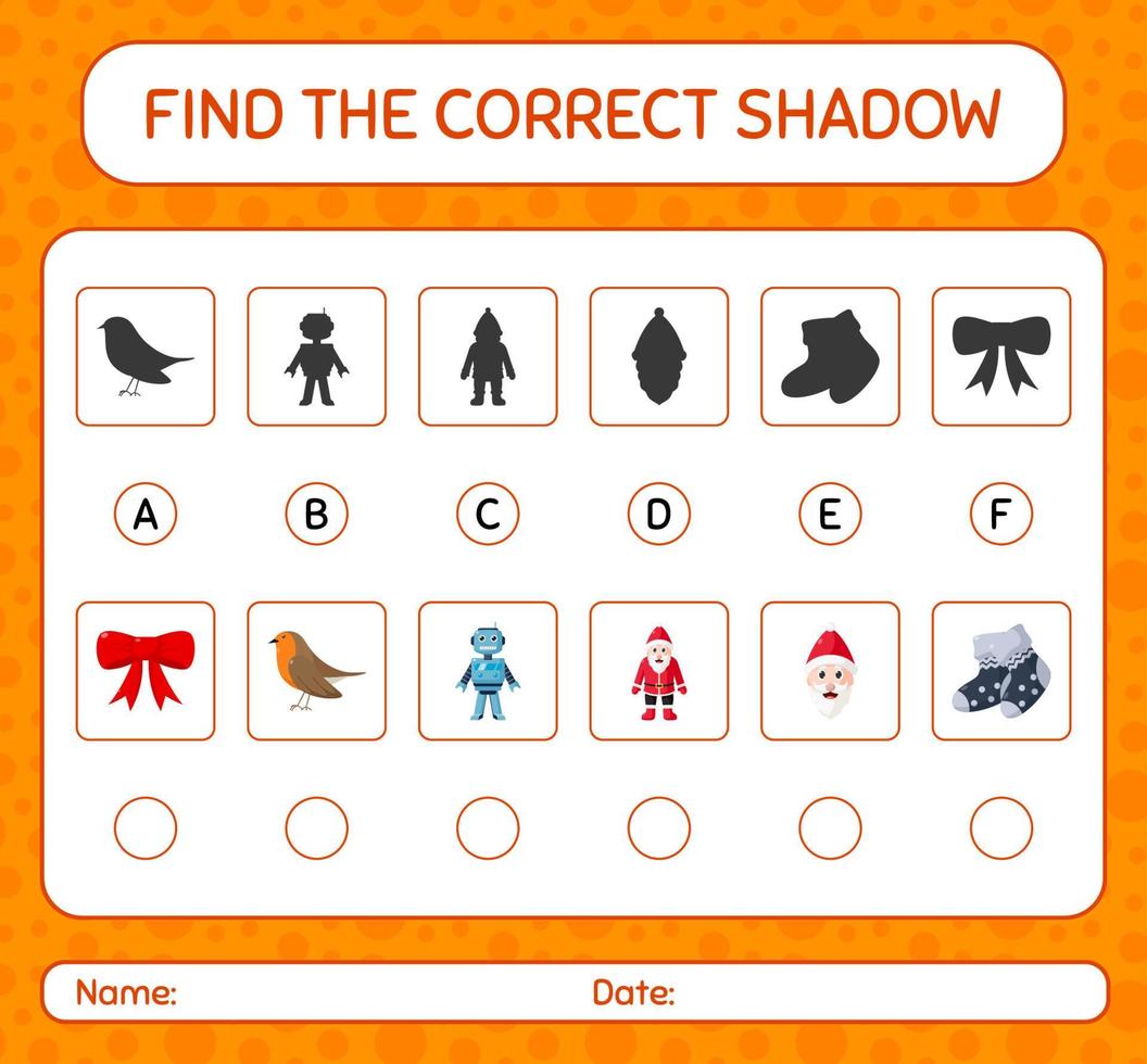 Find the correct shadows game with christmas icon. worksheet for preschool kids, kids activity sheet vector