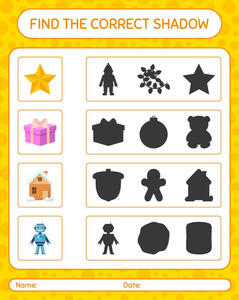 Find the correct shadows game with christmas icon. worksheet for preschool kids, kids activity sheet vector
