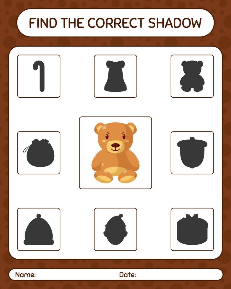 encuentra el juego de sombras correcto con el oso de peluche. hoja de trabajo para niños en edad preescolar, hoja de actividades para niños vector