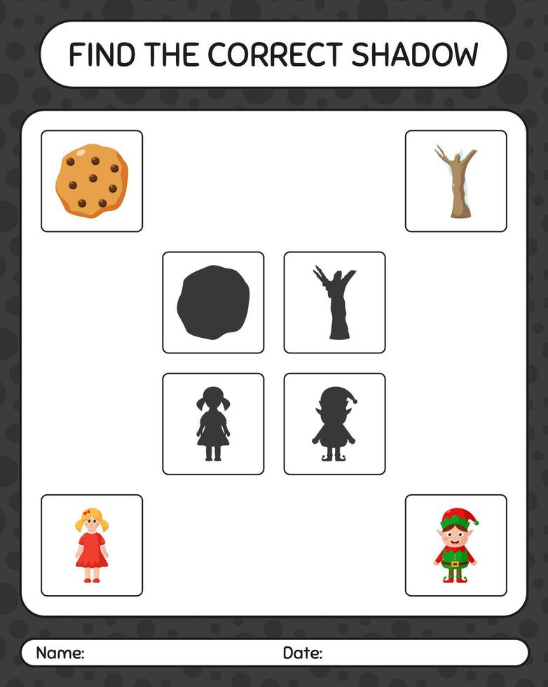 Find the correct shadows game with christmas icon. worksheet for preschool kids, kids activity sheet vector