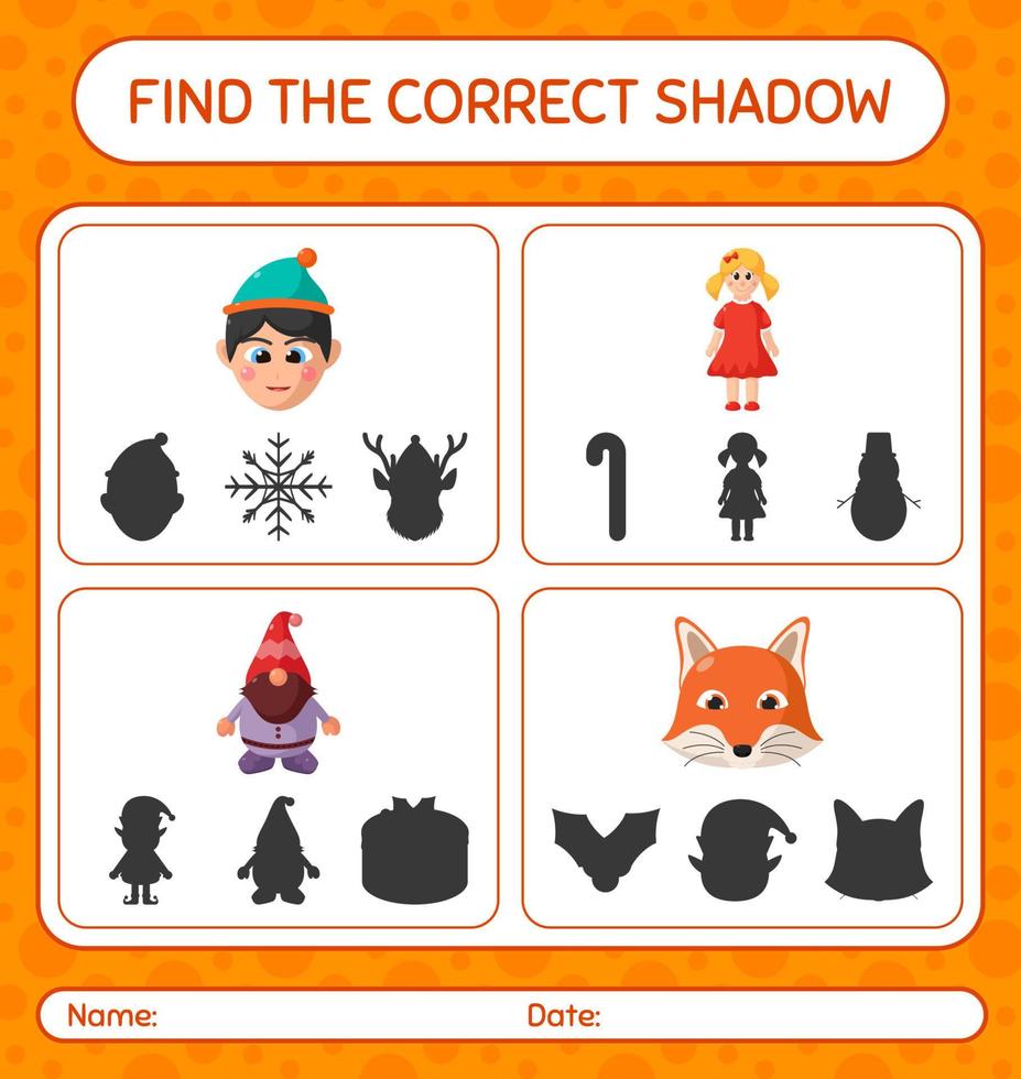 Find the correct shadows game with christmas icon. worksheet for preschool kids, kids activity sheet vector