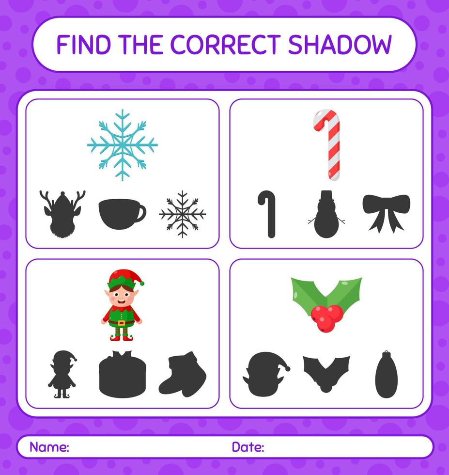 encuentra el juego de sombras correcto con el icono de navidad. hoja de trabajo para niños en edad preescolar, hoja de actividades para niños vector