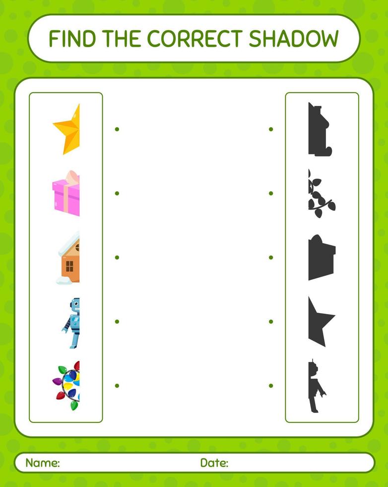 Find the correct shadows game with christmas icon. worksheet for preschool kids, kids activity sheet vector
