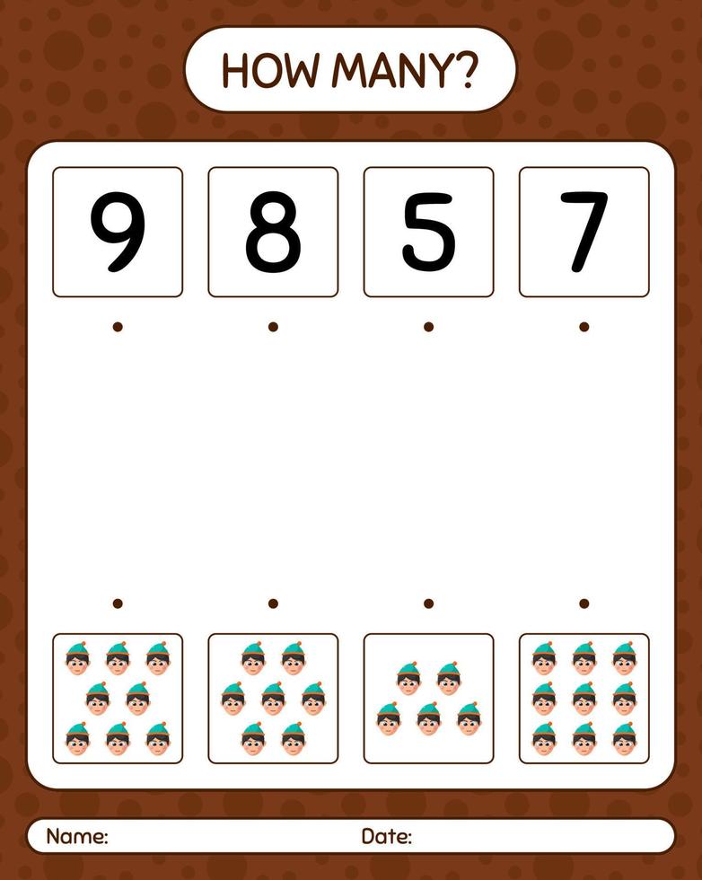 How many counting game with boys. worksheet for preschool kids, kids activity sheet vector