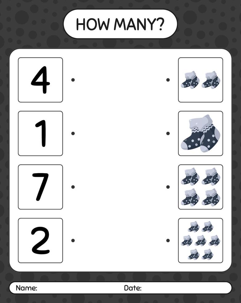 How many counting game with sock. worksheet for preschool kids, kids activity sheet vector