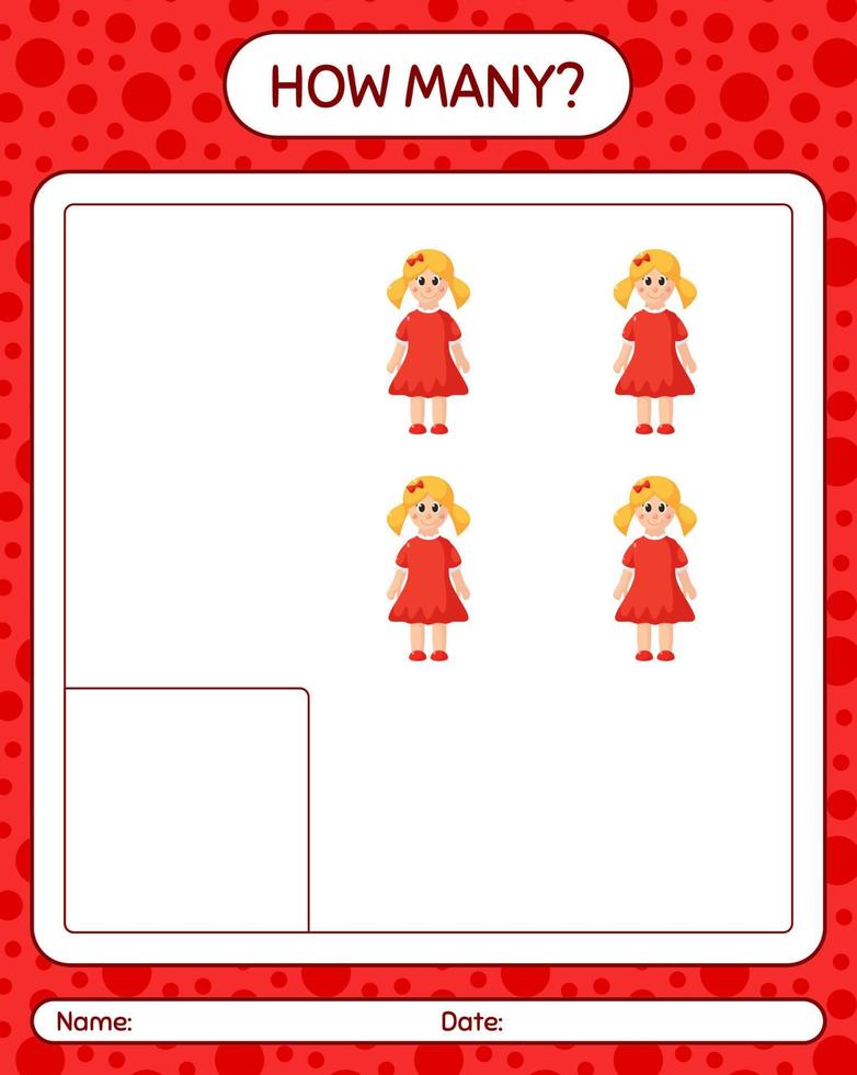 How many counting game with doll. worksheet for preschool kids, kids activity sheet vector