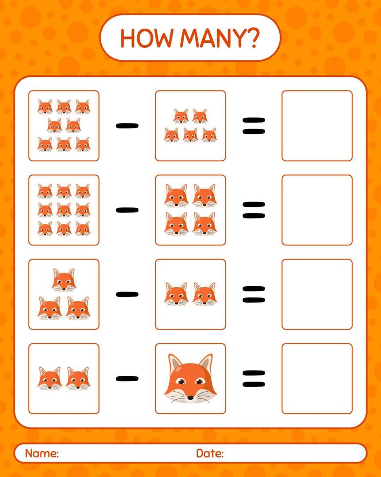 How many counting game with red fox. worksheet for preschool kids, kids activity sheet vector