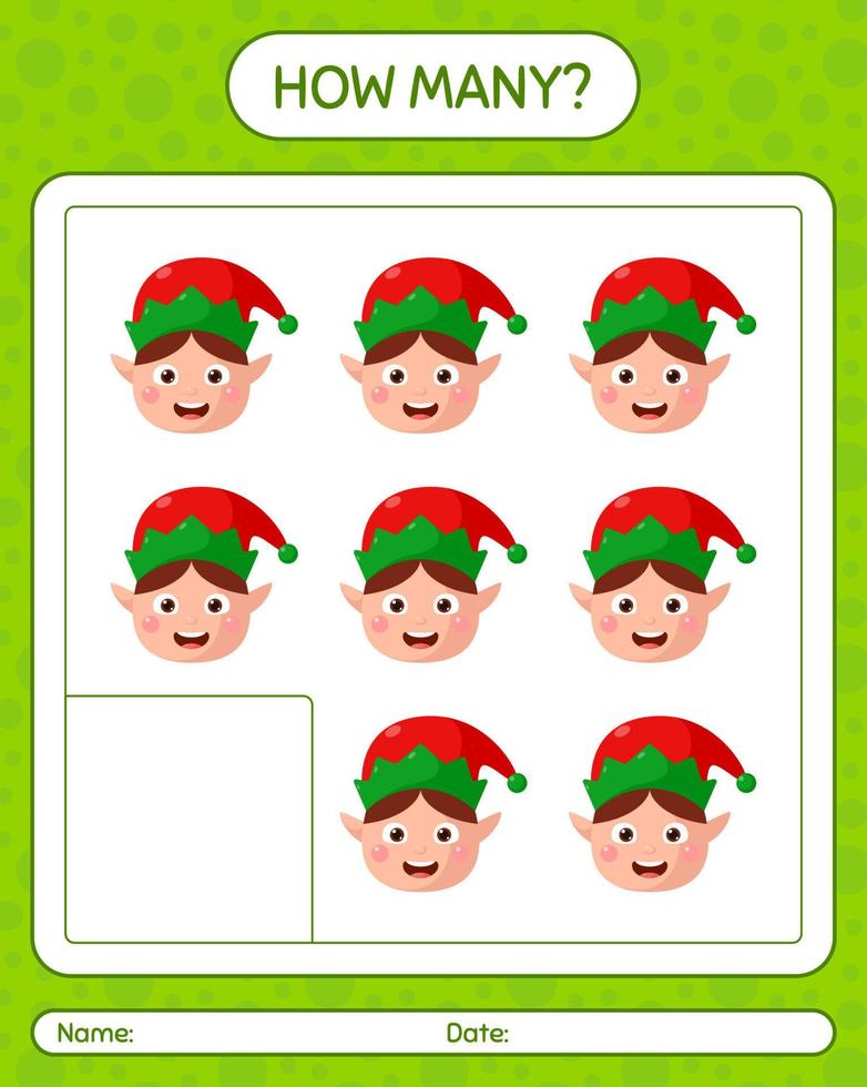 How many counting game with elf. worksheet for preschool kids, kids activity sheet vector