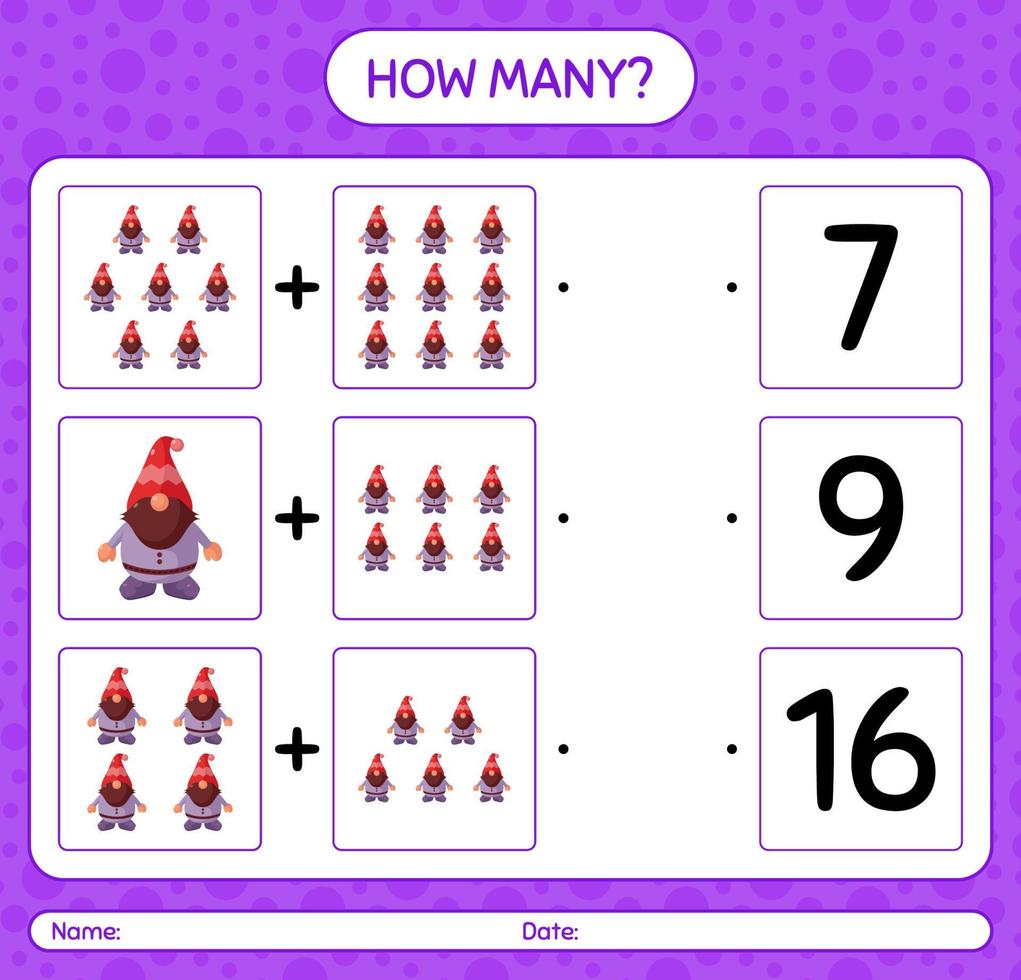 How many counting game with gnome. worksheet for preschool kids, kids activity sheet vector