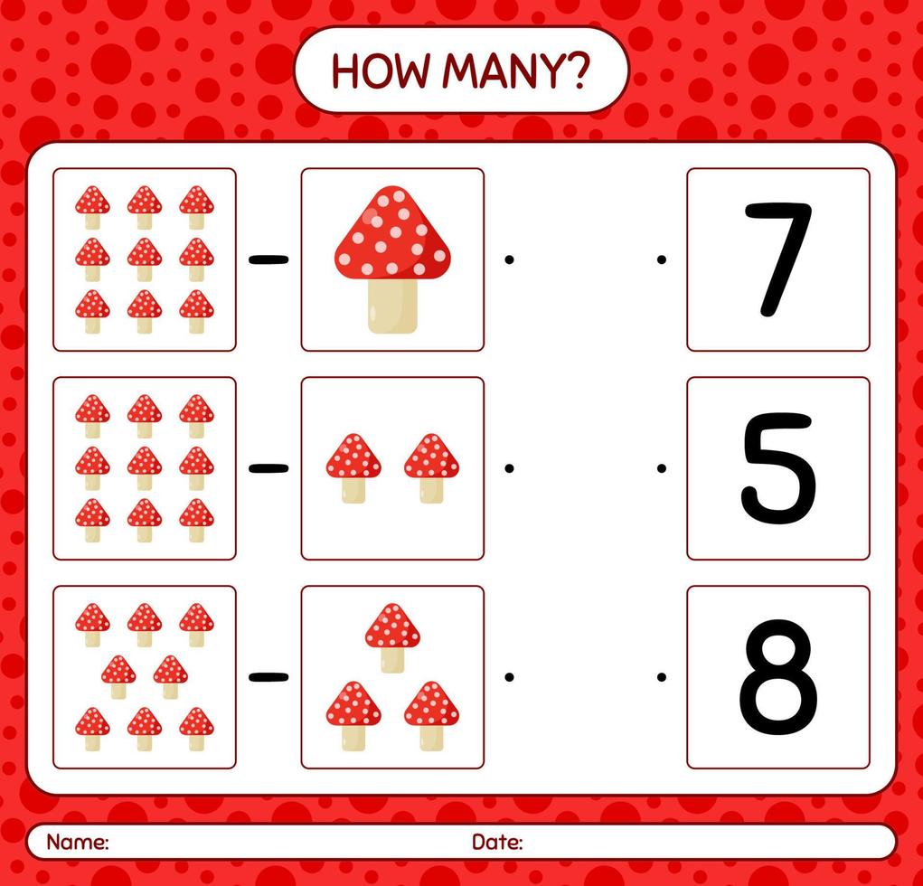 How many counting game with mushroom. worksheet for preschool kids, kids activity sheet vector