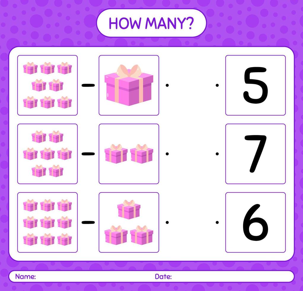 How many counting game with gift box. worksheet for preschool kids, kids activity sheet vector