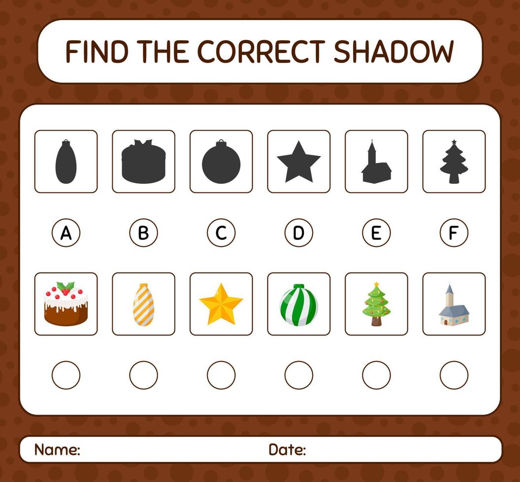 Find the correct shadows game with christmas icon. worksheet for preschool kids, kids activity sheet vector