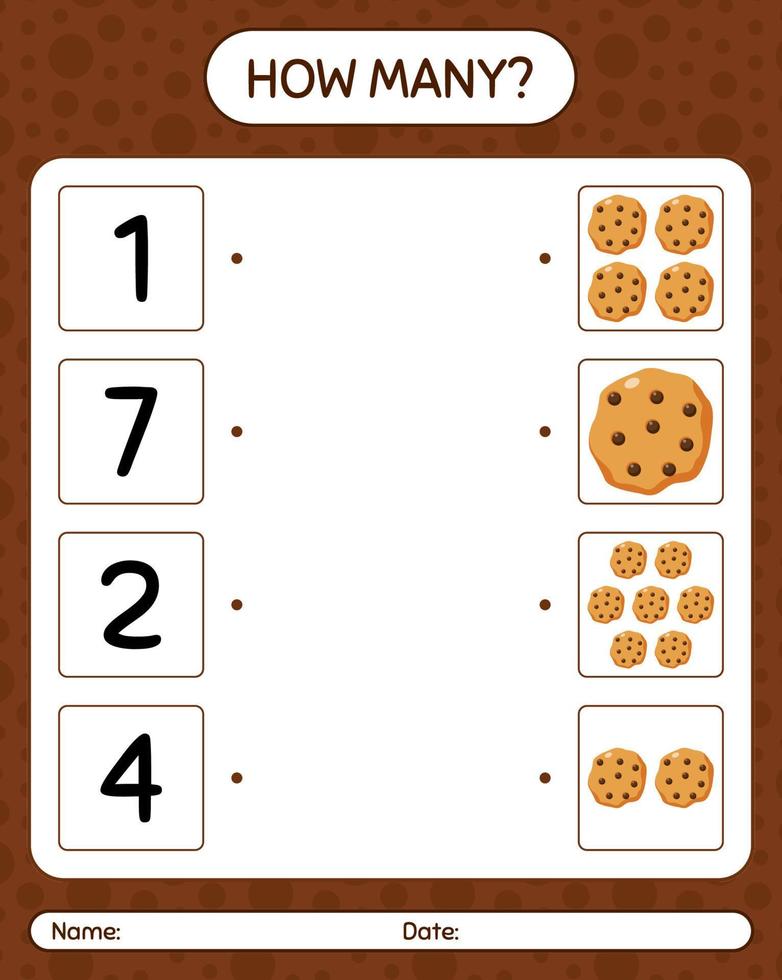 How many counting game with cookie. worksheet for preschool kids, kids activity sheet vector