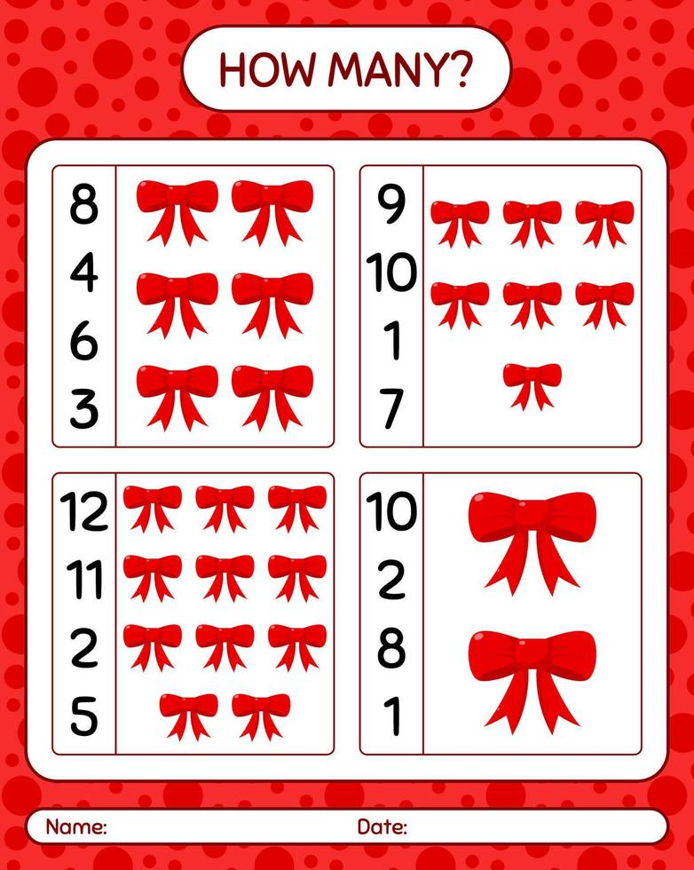 How many counting game with ribbon. worksheet for preschool kids, kids activity sheet vector