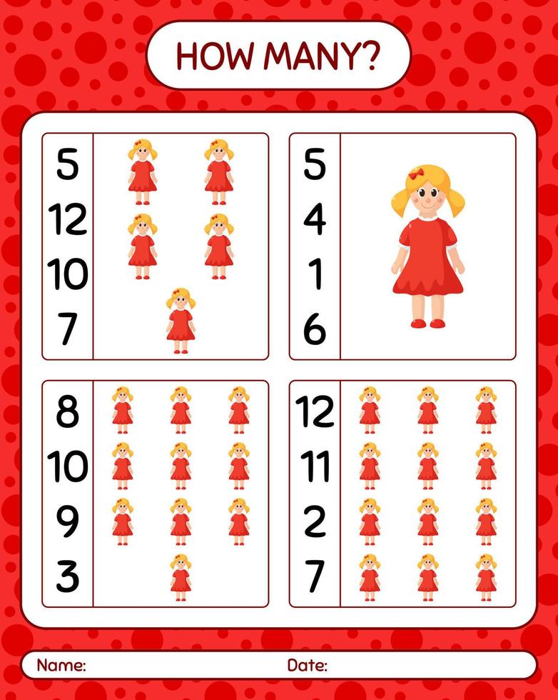 How many counting game with doll. worksheet for preschool kids, kids activity sheet vector