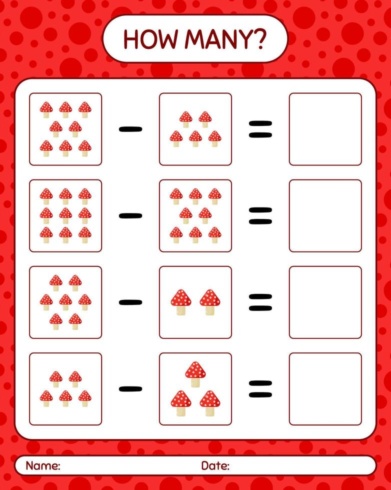 How many counting game with mushroom. worksheet for preschool kids, kids activity sheet vector