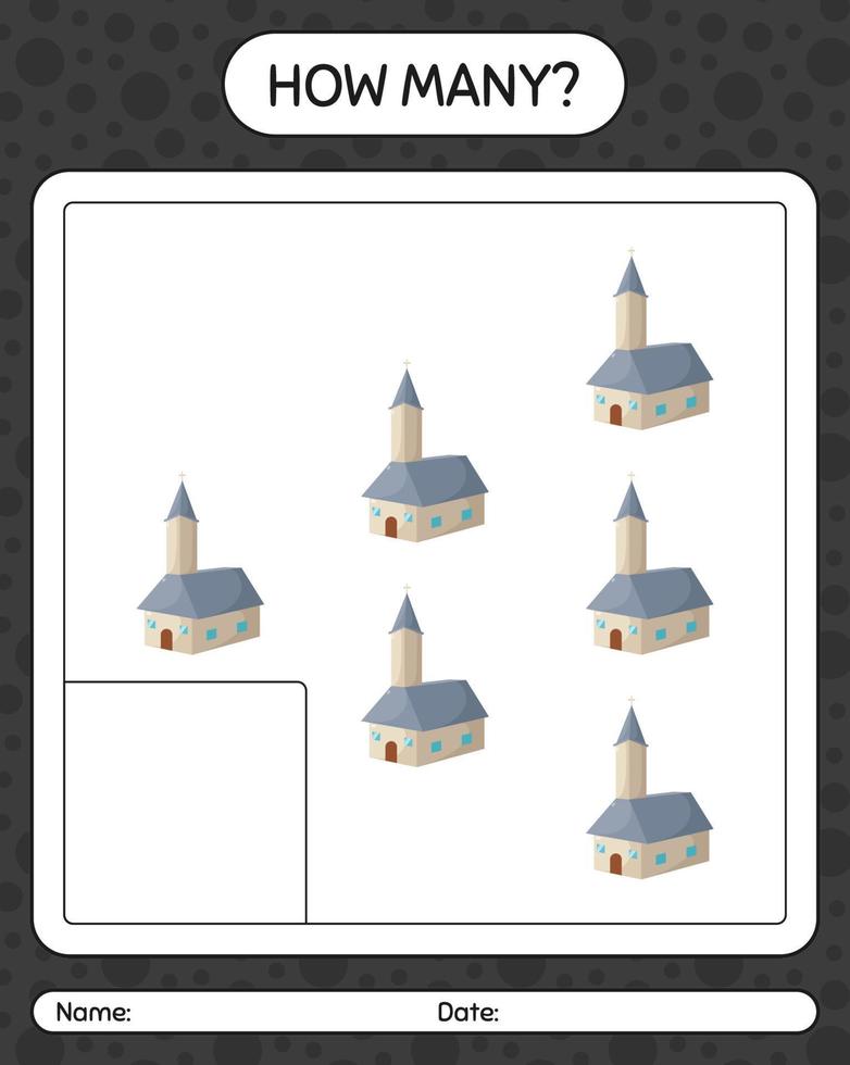 How many counting game with church. worksheet for preschool kids, kids activity sheet vector