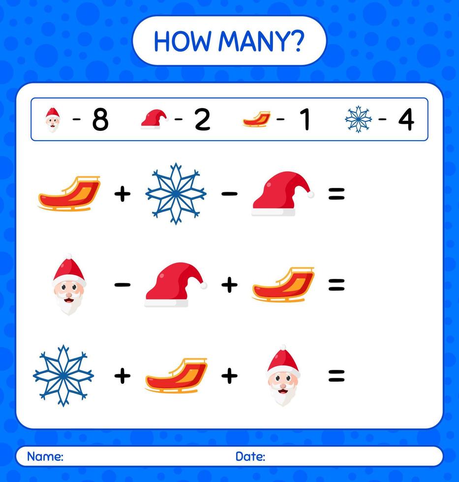How many counting game with christmas icon. worksheet for preschool kids, kids activity sheet vector