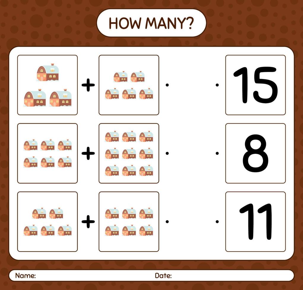 How many counting game with house. worksheet for preschool kids, kids activity sheet vector