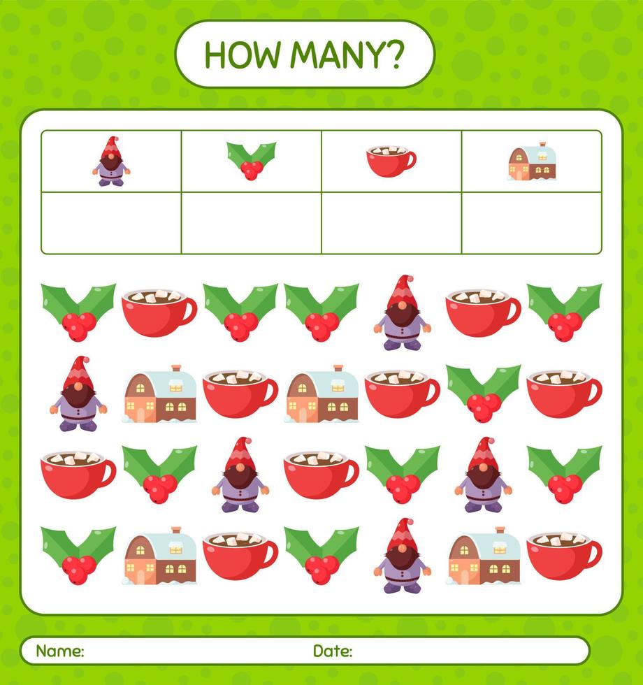 How many counting game with christmas icon. worksheet for preschool kids, kids activity sheet vector