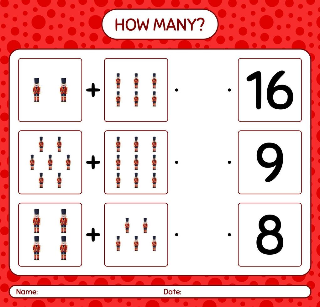 How many counting game with nutcracker. worksheet for preschool kids, kids activity sheet vector