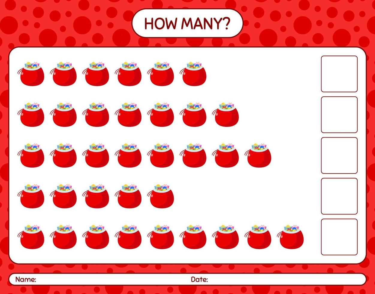 How many counting game with santa's bag. worksheet for preschool kids, kids activity sheet vector