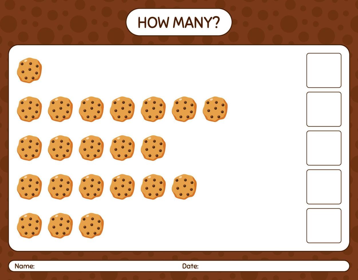 How many counting game with cookie. worksheet for preschool kids, kids activity sheet vector