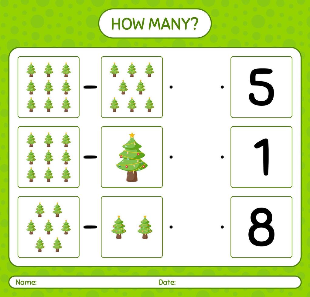 How many counting game with christmas tree. worksheet for preschool kids, kids activity sheet vector